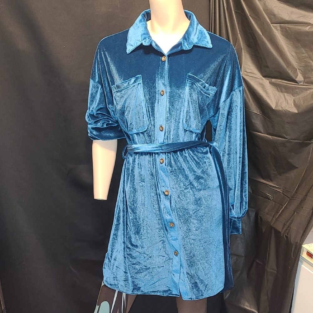 Womens Velvet Lapel Collar Single Breasted Long Sleeves Belt Shirt Dress Casual
